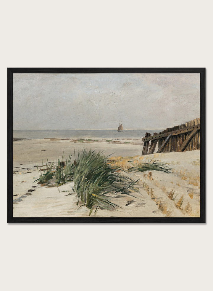 Featuring the original Eugen Dücker's Artwork "On the Beach", this pastel beige and green European vintage coastal tropical ocean beach landscape oil painting wall art print showcases a classic rustic moody antique style that is perfect for any boho or modern farmhouse inspired space with muted or neutral colors. 