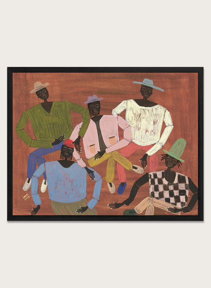 Framed artwork of six stylized figures in colorful clothing on a red background. Long Time No See by Studio IMO (Ibi Meier-Oruitemeka) is a modern figurative art print with multiple figures and bold contemporary wall poster design.