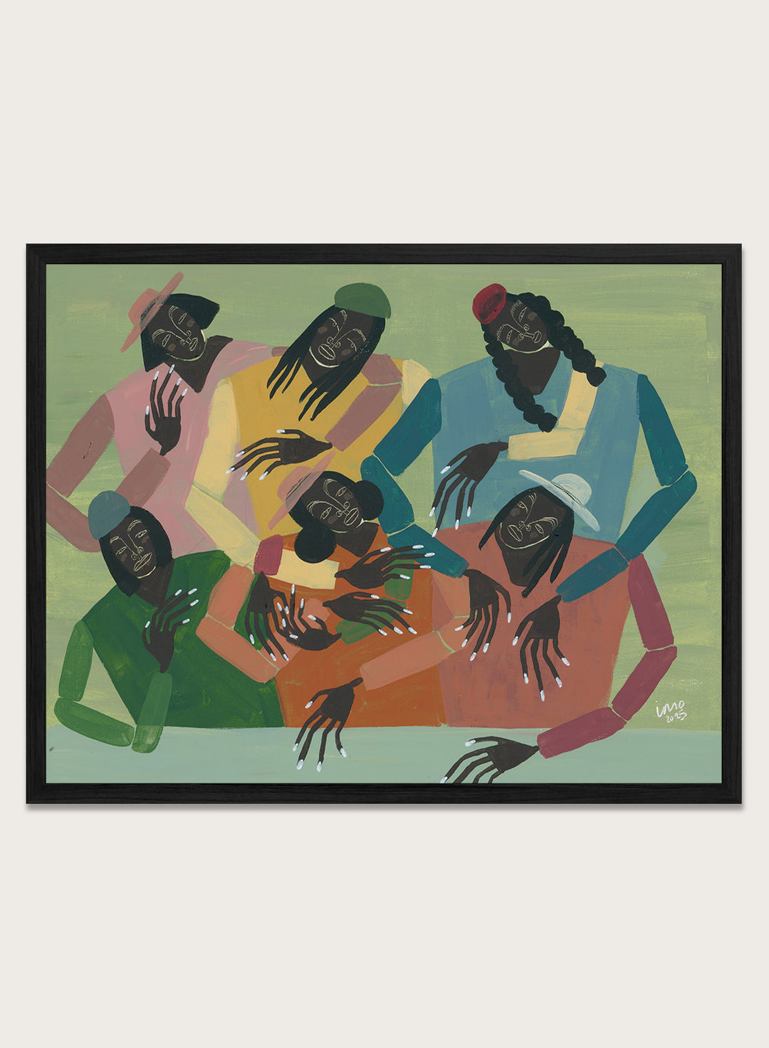 Framed artwork of six people sitting together with colorful clothing on a green background. Gossip by Studio IMO (Ibi Meier-Oruitemeka) is a modern figurative art print with multiple figures, bold color, and contemporary wall poster design.