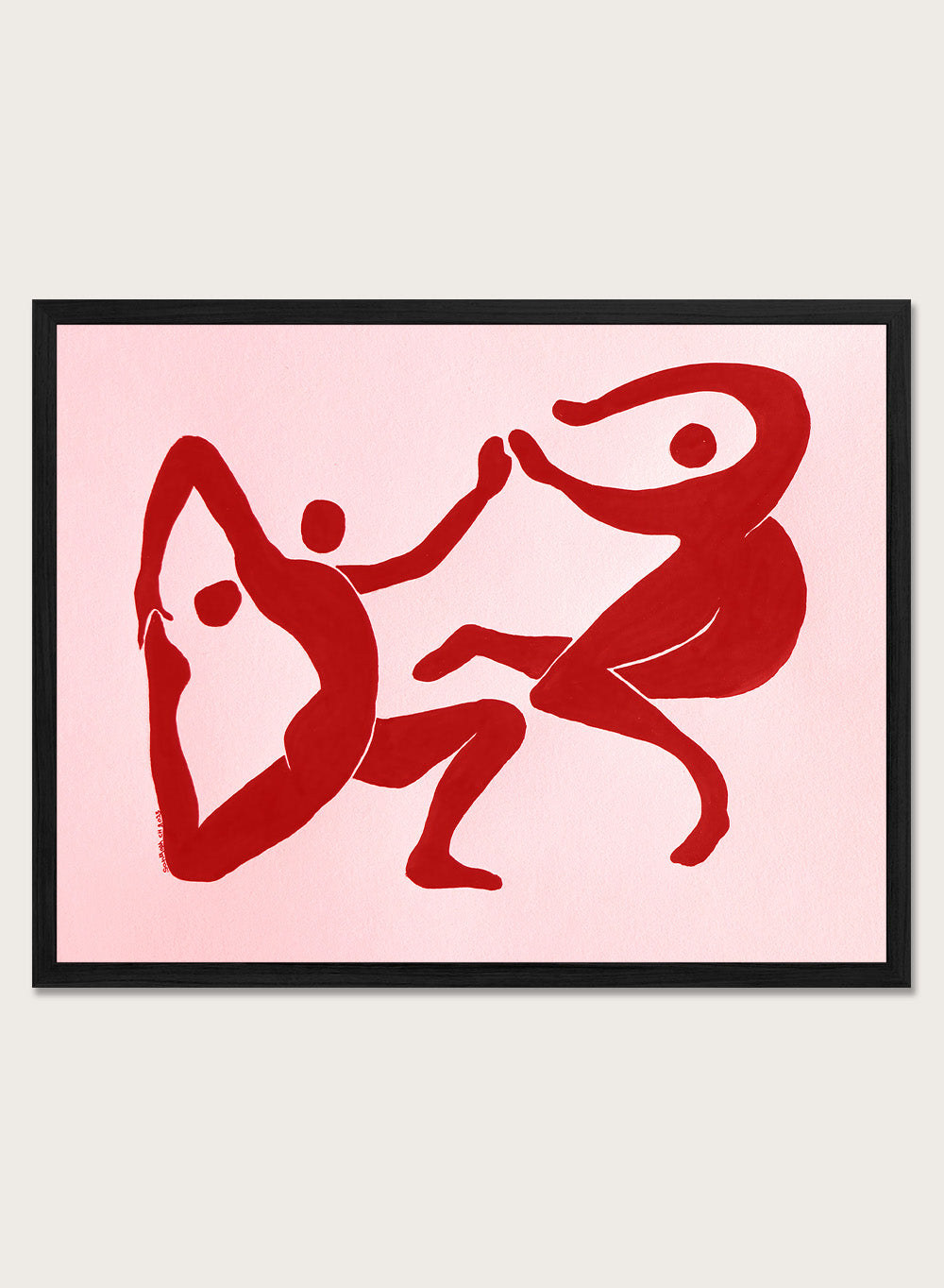 Red abstract figures on a pink background. Fluid Dance Forms by Santhosh CH is an abstract illustration art print featuring expressive human figures, bold red color, modern movement design, and contemporary wall art style.