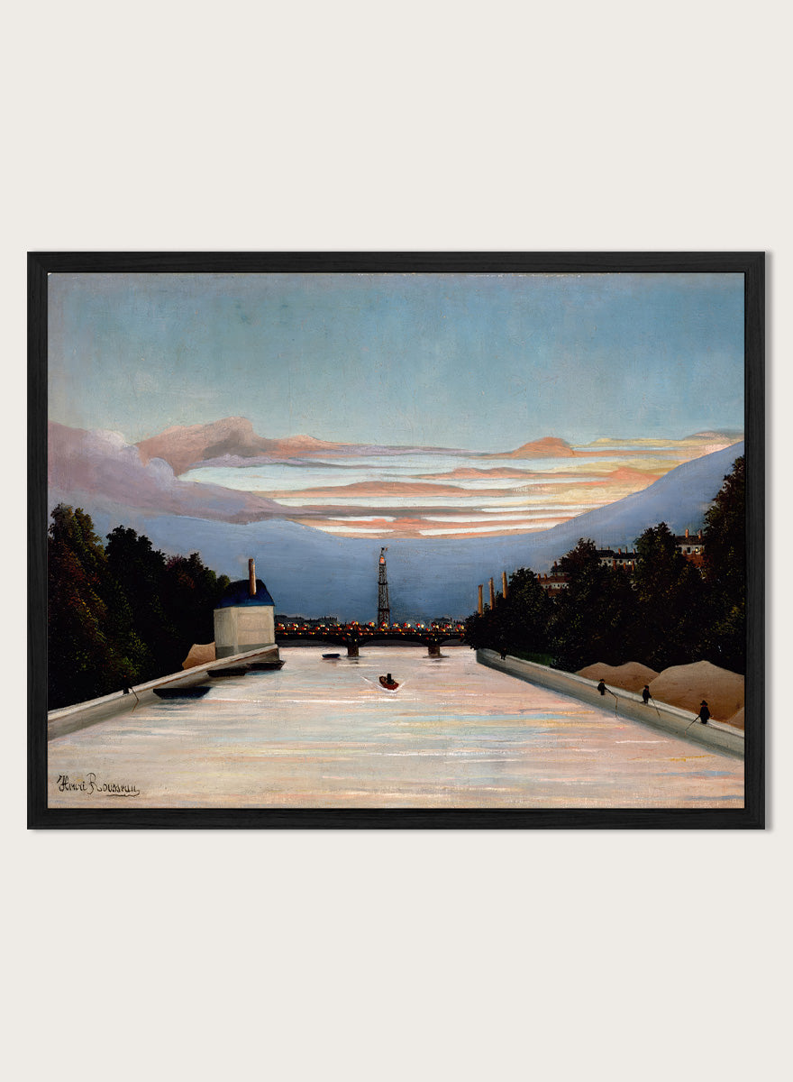 The Eiffel Tower by Henri Rousseau is a vintage Paris landscape art print featuring the Seine, Eiffel Tower, riverboats, city trees, and a blue sunset sky.