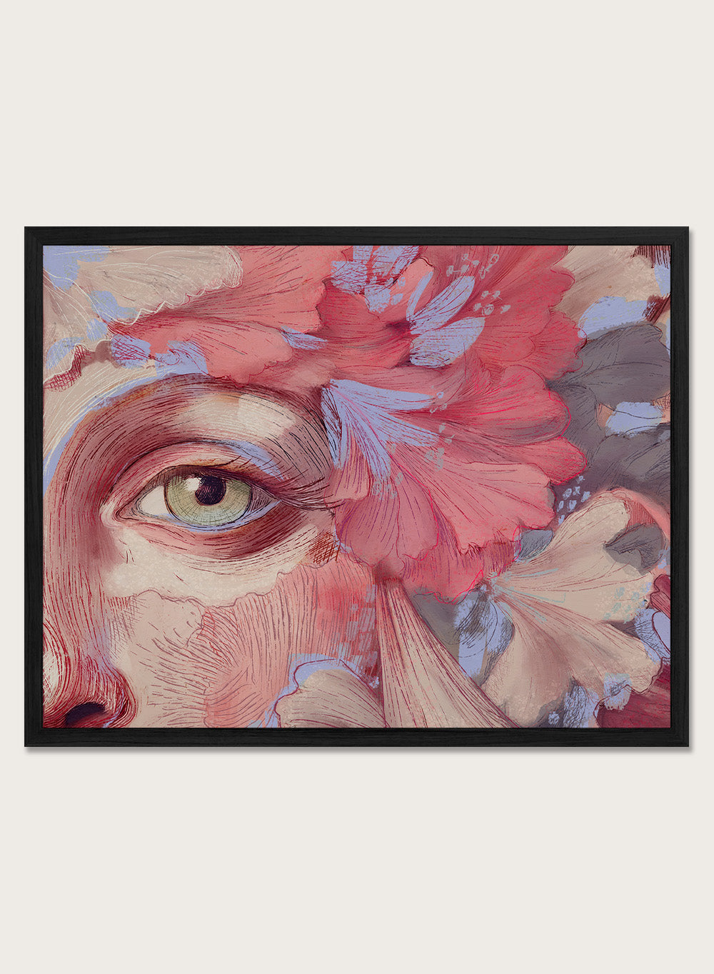 Artistic depiction of a face with flowers and an eye, using a color palette of reds, pinks, and browns. Floral Reverie No.01 by Treechild is a floral portrait illustration art print featuring expressive face detail, layered flowers, and contemporary wall art style.