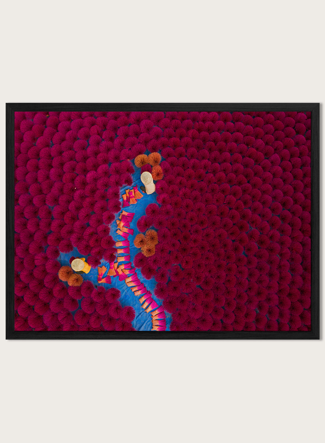 Drying Incense by Azim Khan Ronnie Aerial Photography print showing Vietnamese incense workers in Hanoi with vibrant red bundles, cultural documentary wall art poster.