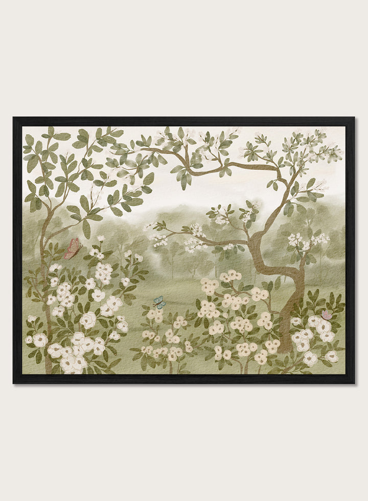 Framed botanical art print featuring white blossoms, green leaves, and soft misty trees in a landscape scene. Shop Serene Spring Garden by Nikita Jariwala, a garden wall art print poster with white flowers, flowering trees, butterflies, and green tones.