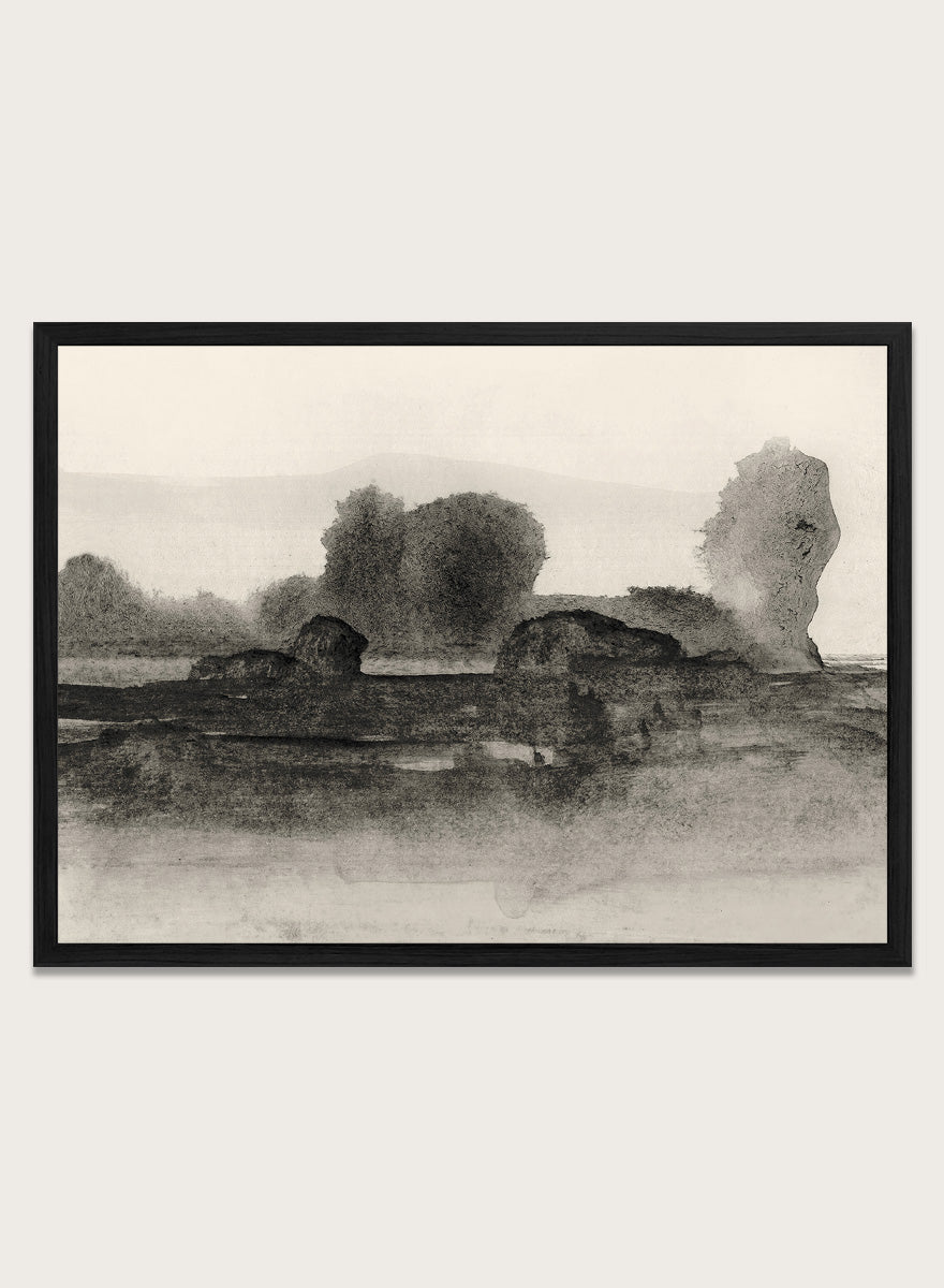 Shop Land No. 02 by Dan Hobday, a moody landscape art print featuring dark trees, layered fields, muted neutral tones, and soft atmospheric texture.