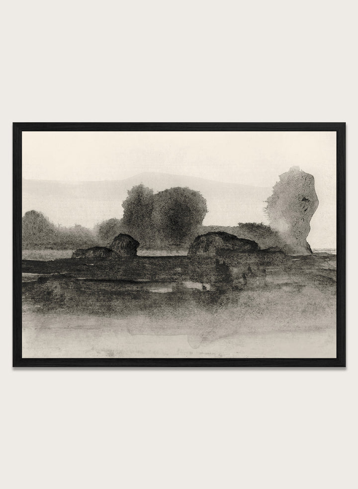 Shop Land No. 02 by Dan Hobday, a moody landscape art print featuring dark trees, layered fields, muted neutral tones, and soft atmospheric texture.