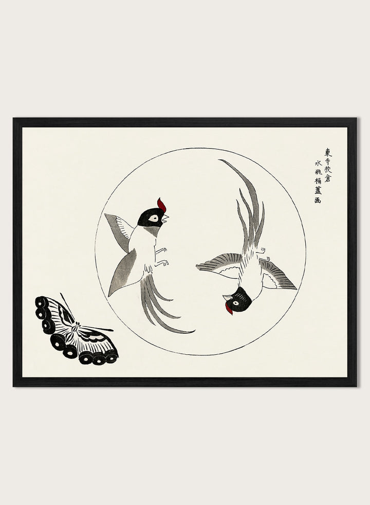Birds and Butterfly by Taguchi Tomoki is a vintage Japanese woodblock art print featuring two long-tailed birds, a butterfly, and original Japanese detailing.