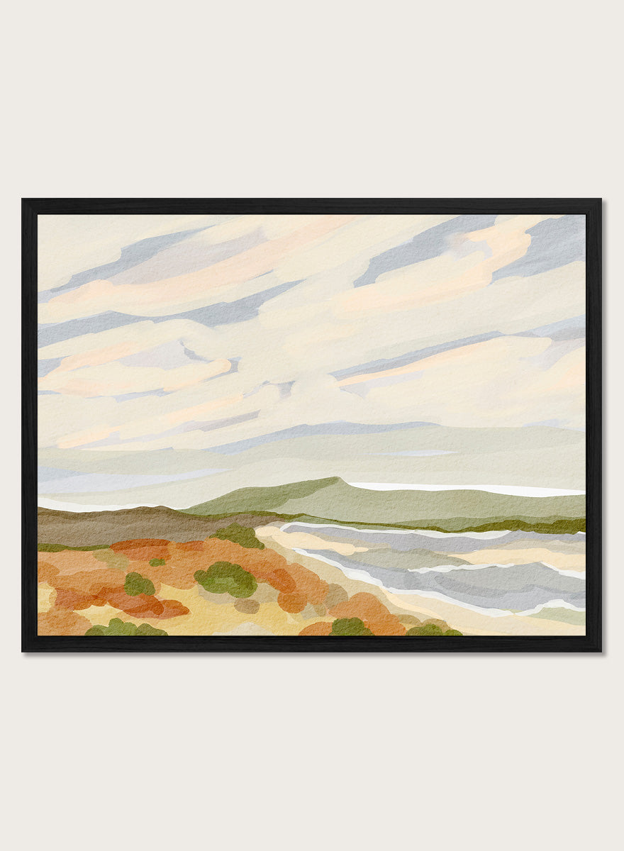 Shop Echos of Dream by Nikita Jariwala, a coastal landscape wall art print poster with abstract shoreline, soft clouds, sage hills, and warm ochre tones.