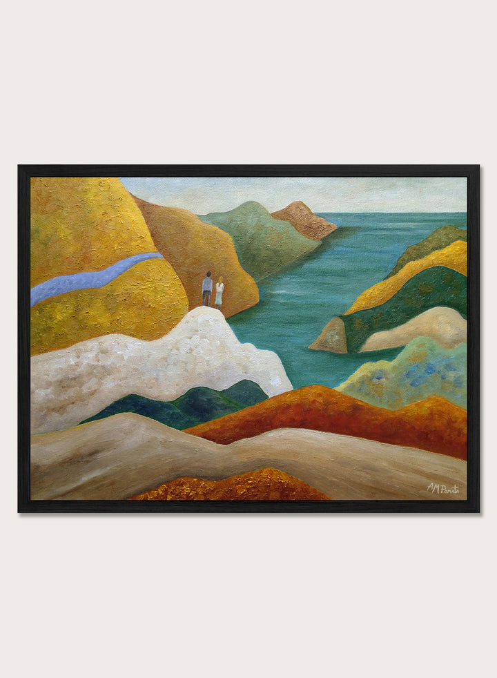 A framed landscape painting featuring stylized coastal cliffs, hills, and a body of water in earthy yellow, orange, green, blue, and white tones. Shop Couple Overlooking Coastal View by Angeles M. Pomata, a coastal landscape and figurative art print featuring a couple, rolling hills, and a blue sea view.