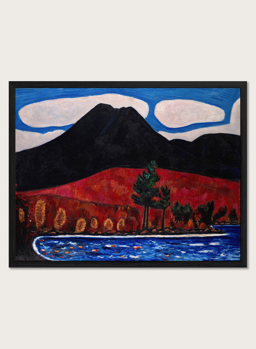 Shop Mt. Katahdin (Maine), Autumn by Marsden Hartley, a vintage American landscape wall art print poster featuring bold autumn hills and deep blue water.