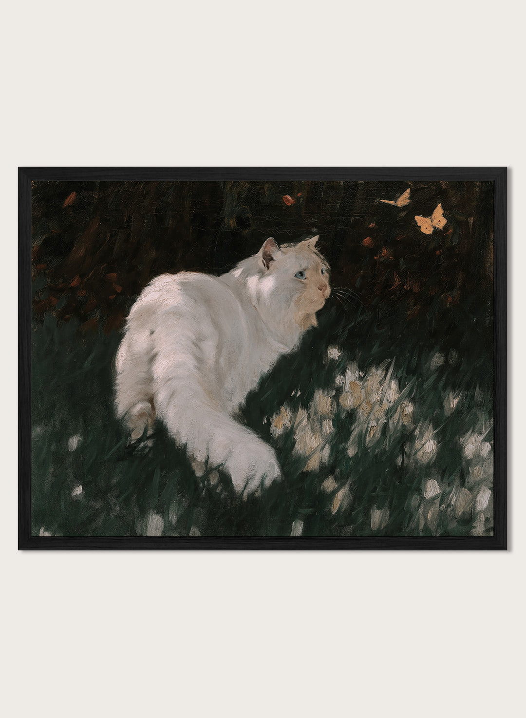 "White Cat and Butterflies" Art Print
