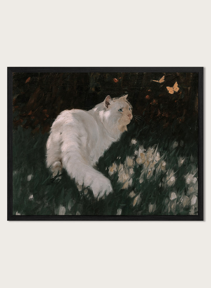 "White Cat and Butterflies" Art Print