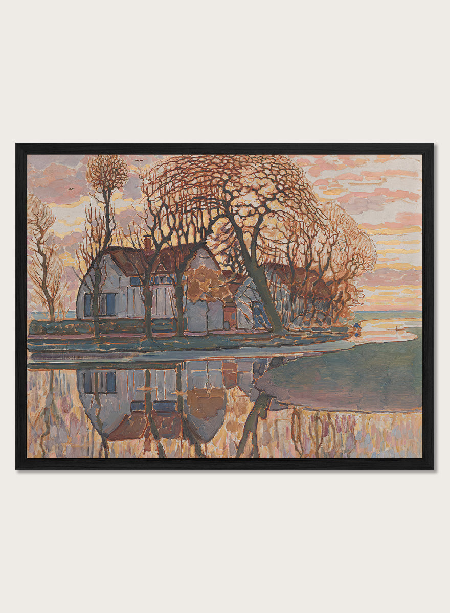 Shop Farm near Duivendrecht by Piet Mondrian, a vintage landscape wall art print poster featuring a farmhouse, bare trees, and reflections in soft brown tones.