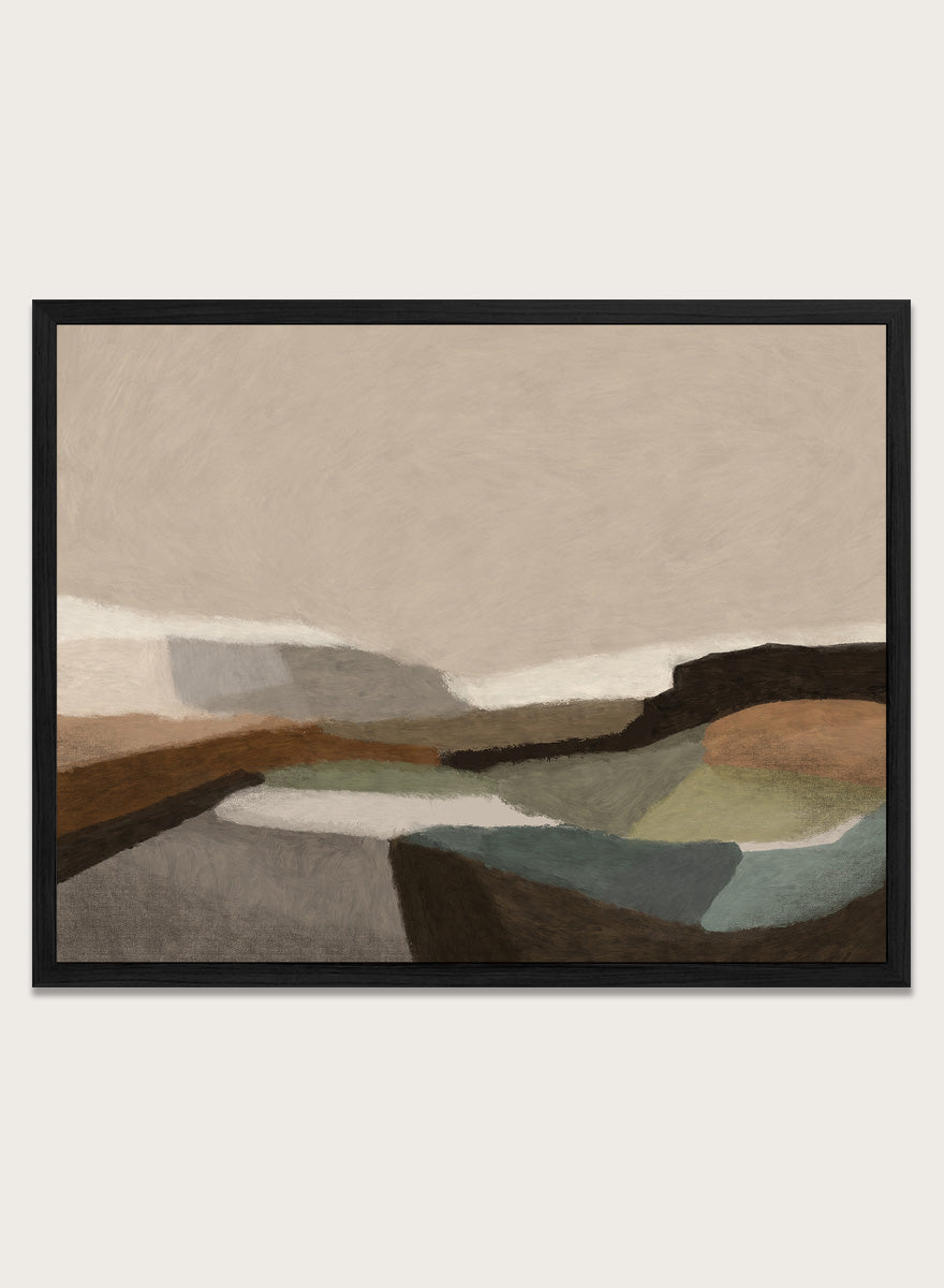 Shop Montego by Dan Hobday, a contemporary landscape art print featuring earthy brown, olive, taupe, gray, and muted blue with simplified layered forms.