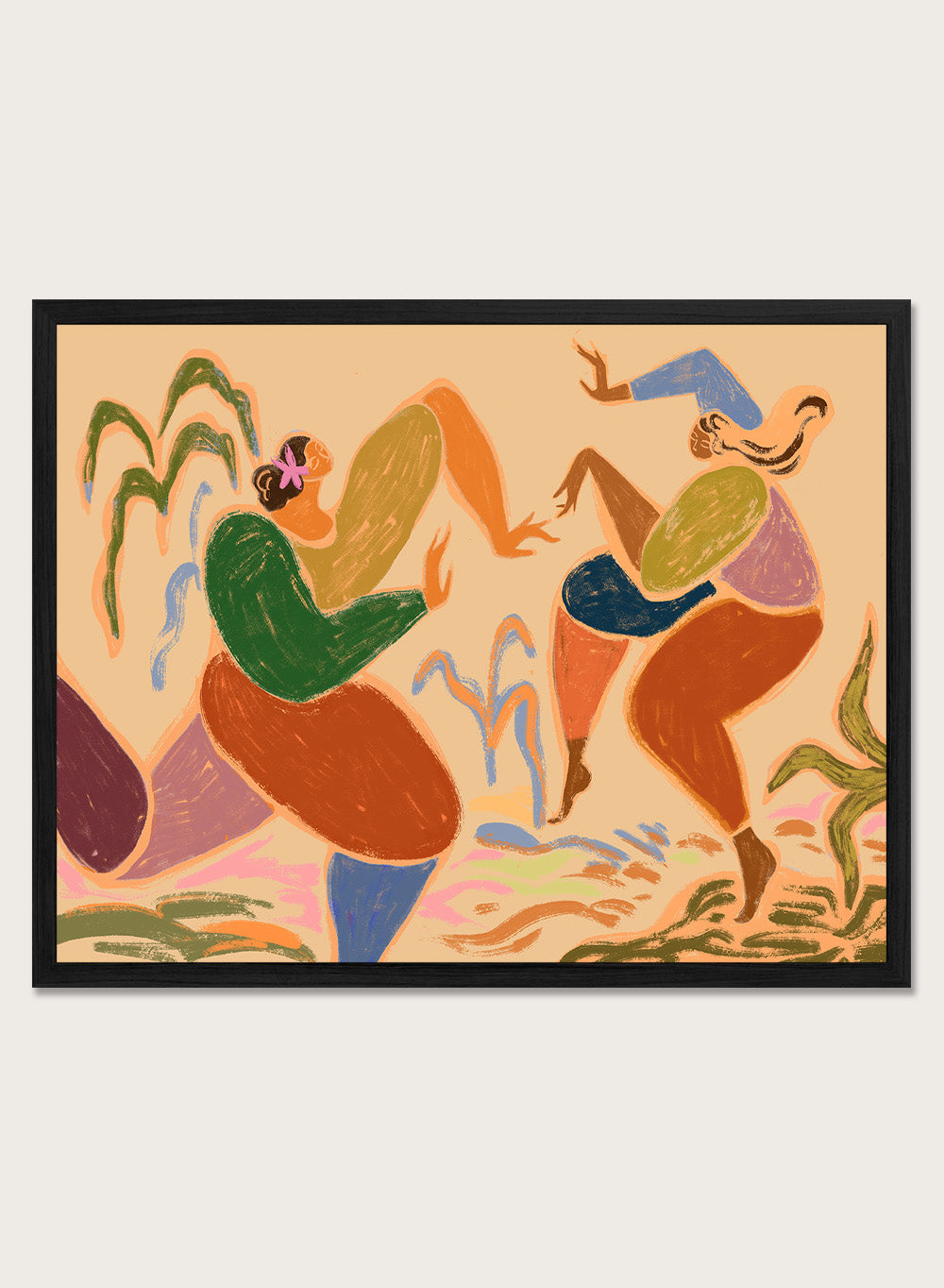 Colorful abstract artwork of two figures in a natural setting. Sisters of the Rhythm by Arty Guava is a modern wall art print of two women dancing. Bold color, expressive figures, officially licensed poster.