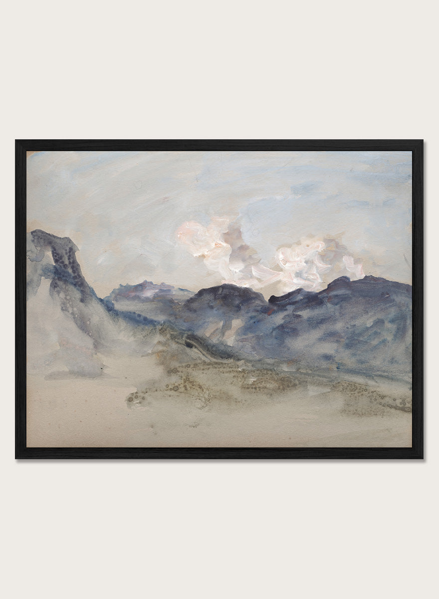 A framed landscape painting featuring blue and gray mountains under a pale sky with soft white clouds. In the Alps by Hercules Brabazon Brabazon is a vintage watercolor art print featuring snowy peaks, blue-grey mountains, soft clouds, and a misty alpine view.