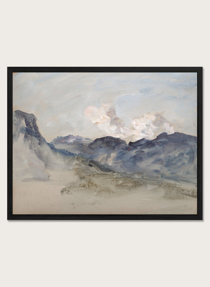 A framed landscape painting featuring blue and gray mountains under a pale sky with soft white clouds. In the Alps by Hercules Brabazon Brabazon is a vintage watercolor art print featuring snowy peaks, blue-grey mountains, soft clouds, and a misty alpine view.