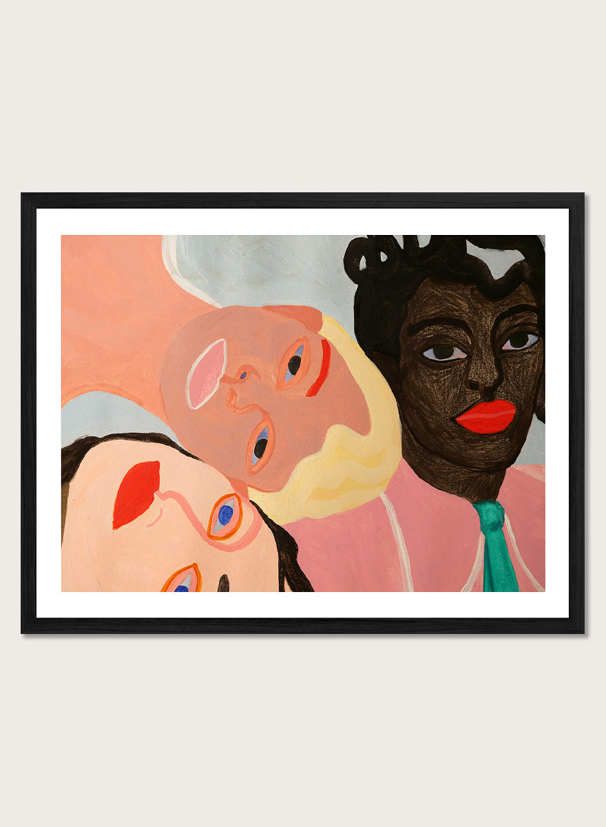 Shop Three Friends by Sophia Novosel, a modern women portrait wall art print poster featuring three women, bold red lips, vivid eyes, and expressive color.