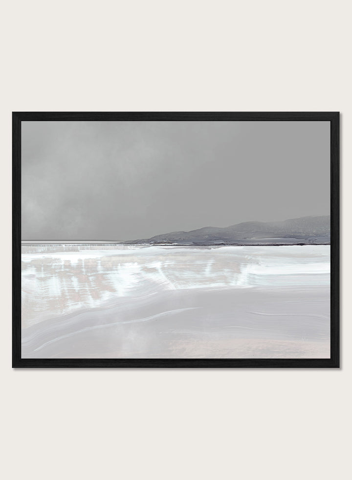 Shop Tides by Dan Hobday, a contemporary coastal landscape art print featuring pale blue water, distant hills, soft gray tones, and layered brush texture.