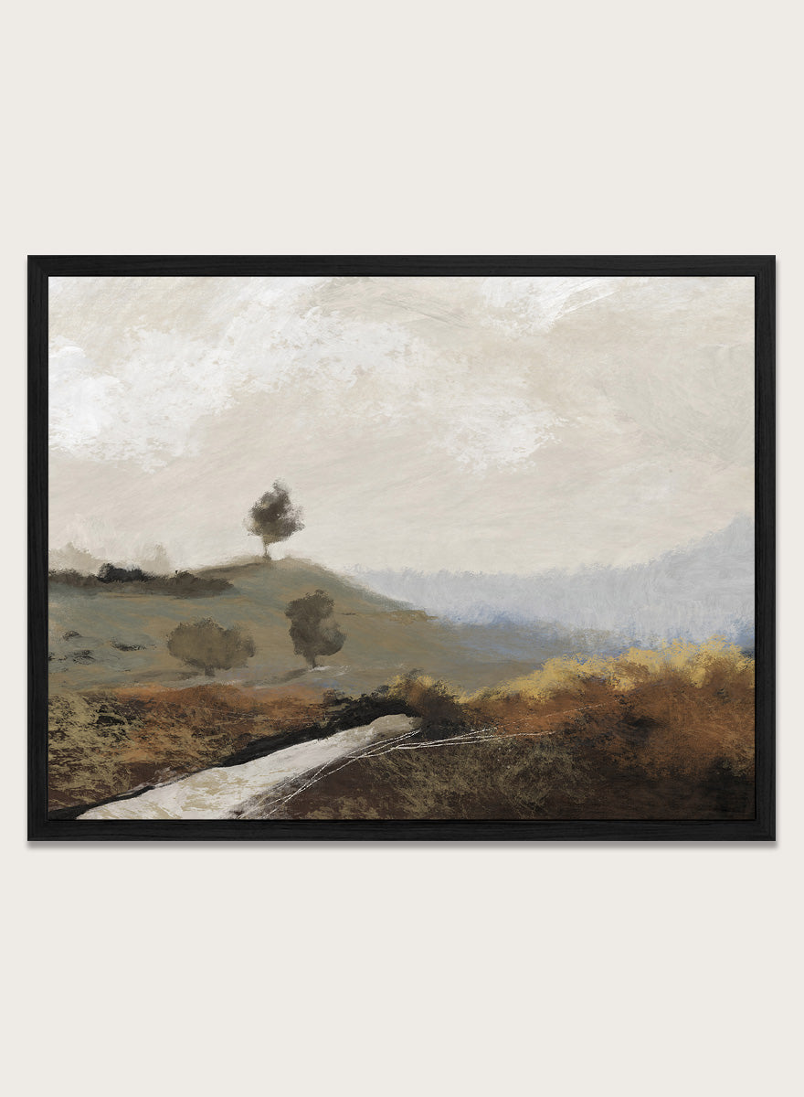 Shop La Collina by Dan Hobday, a contemporary landscape art print featuring rolling hills, scattered trees, earthy brown tones, and soft blue-gray distance.