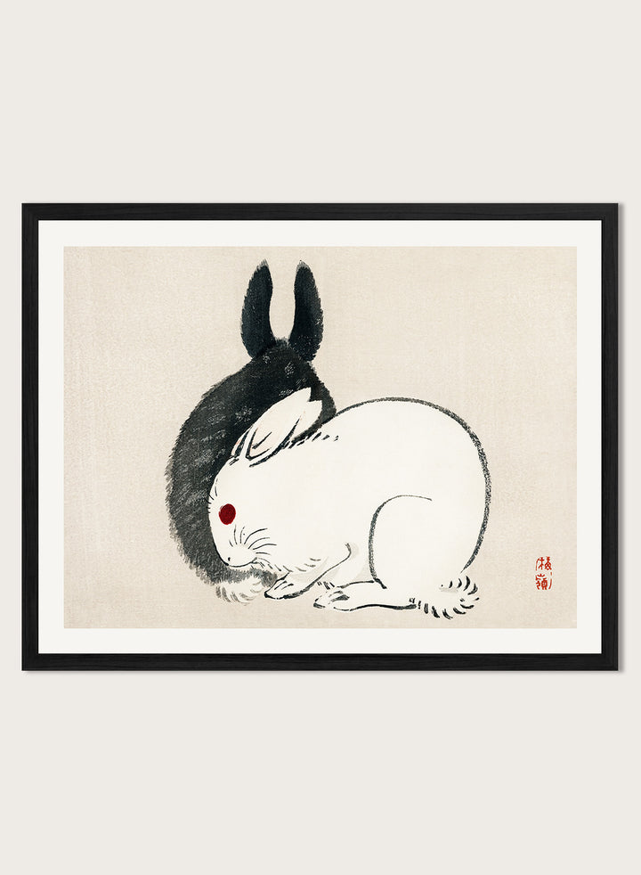 Kono Bairei "Black and White Rabbits" Art Print