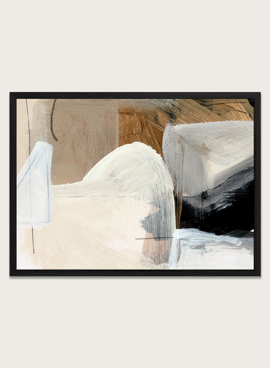 Shop Style Abstract by Dan Hobday, a contemporary abstract art print featuring layered geometric forms, warm neutral tones, black accents, and textured brushwork.