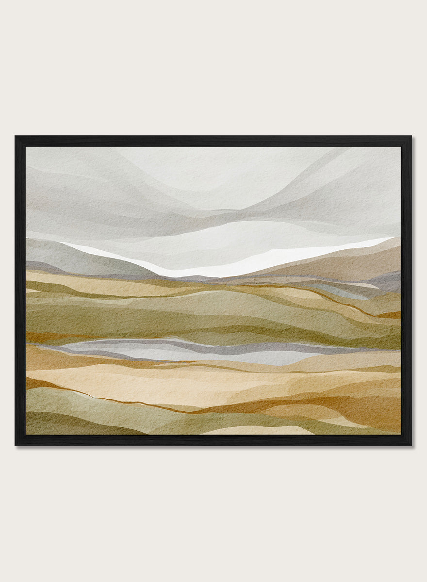 Shop Earthy Abstract Landscape by Nikita Jariwala, an abstract landscape wall art print poster featuring layered hills, distant mountains, and earthy green tones.