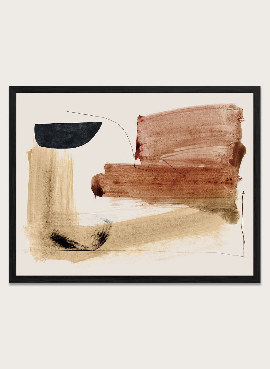 Abstract framed wall art featuring broad brushstrokes in terracotta, beige, black, and brown on a cream background. Shop Cooking by Dan Hobday, a warm abstract art print featuring rust brown, black, and sandy neutral forms with loose lines and layered brush texture.