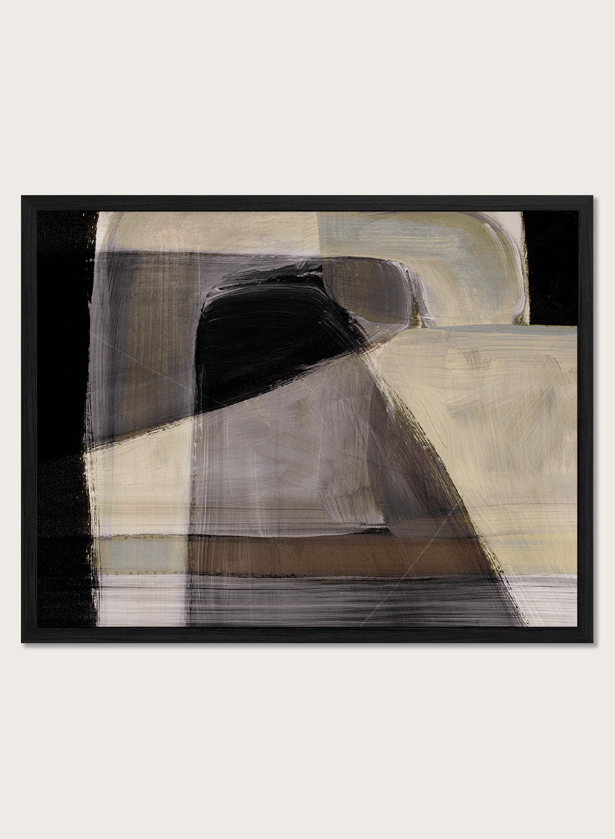 Shop Moods by Dan Hobday, a contemporary abstract art print featuring layered geometric forms, black, taupe, cream, and muted neutral brushwork.