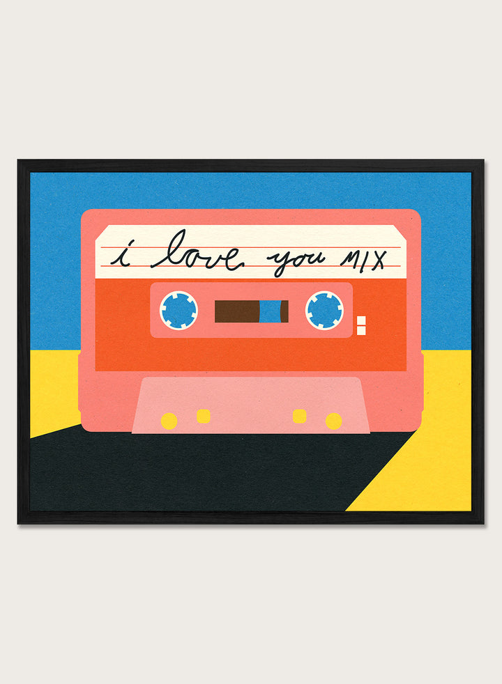 Illustration of a cassette tape with 'I love you mix' text on a blue and yellow background. I Love You Mix Tape by Rosi Feist is a bold pop art print of a retro cassette with a handwritten love note. Officially licensed wall poster with framing.