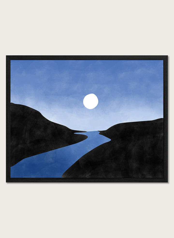 Shop Serene Moon River by Elena Ristova, a modern landscape wall art print poster featuring a winding blue river, dark hills, and a glowing white moon.