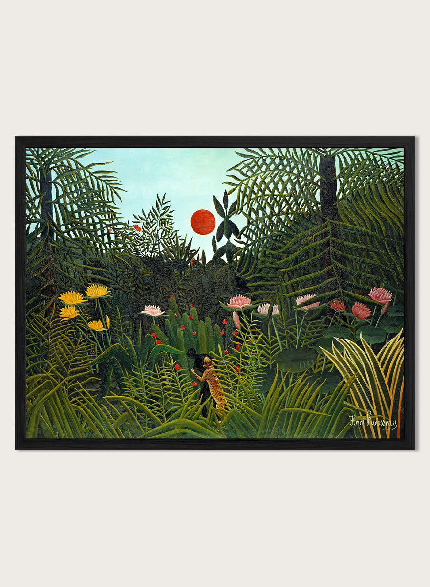 A framed art print depicting a lush, stylized jungle scene with dense green foliage, a small figure, and a bright red sun against a pale sky. Virgin Forest with Sunset by Henri Rousseau is a vintage jungle art print featuring lush tropical foliage, bright flowers, wildlife, and a red setting sun.
