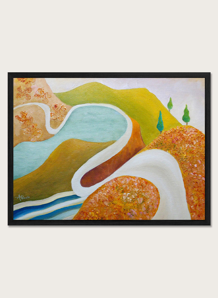 A framed abstract landscape painting featuring winding light blue and white river-like curves, green hills, and textured orange-brown foreground shapes. Shop Serene Valley Path by Angeles M. Pomata, a colorful landscape art print featuring a winding path, river, rolling hills, and warm earthy tones.