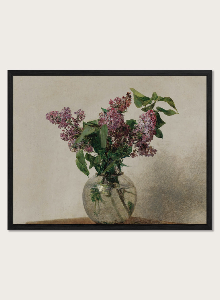 Shop Lilas by Henri Fantin-Latour, a vintage floral wall art print poster featuring a bouquet of purple lilacs in a clear glass vase with green tones.