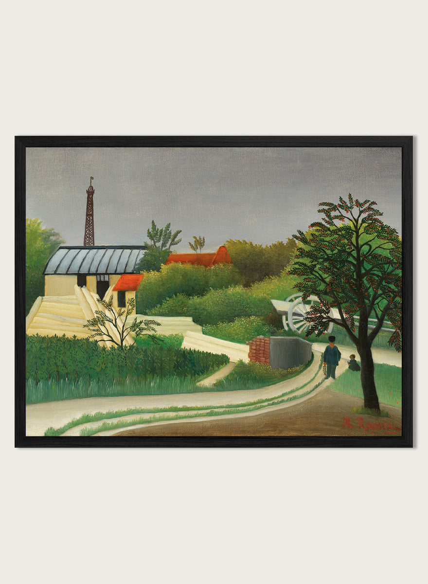 Shop Scierie aux environs de Paris by Henri Rousseau, a vintage French landscape art print with green fields, red roofs, a sawmill, and Paris charm.