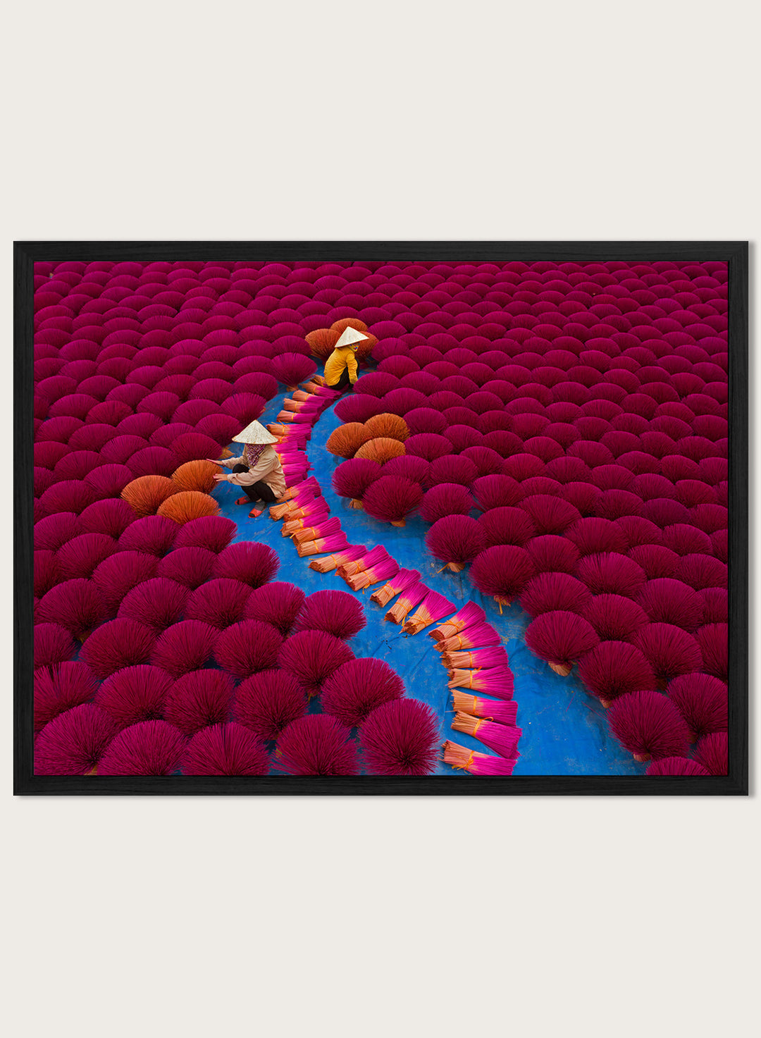 Two people walking through a field of red incense sticks with a clear sky. Drying Incense by Azim Khan Ronnie photography print showing Vietnamese incense workers in Hanoi with vibrant red bundles, cultural documentary wall art poster