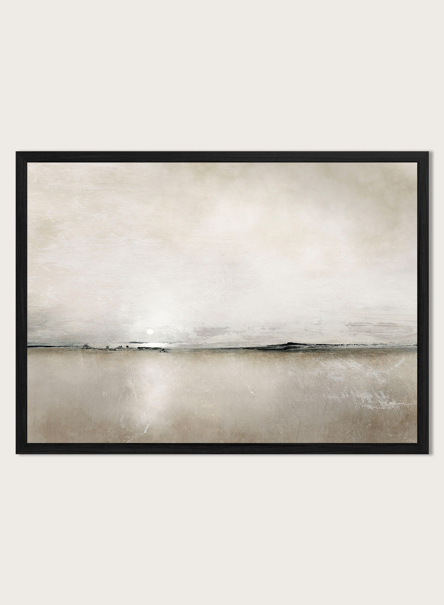 Shop Sunlight Bay by Dan Hobday, a soft coastal landscape art print featuring a pale horizon, warm neutral tones, subtle sunlight, and layered texture.