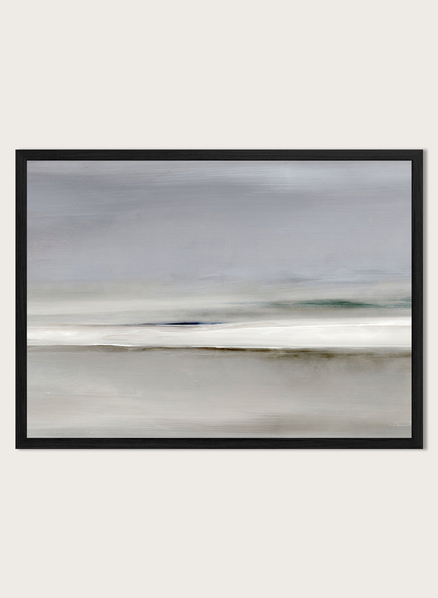 Shop Horizon by Dan Hobday, a soft abstract landscape art print featuring muted gray, green, and cream tones with layered horizontal brushwork.