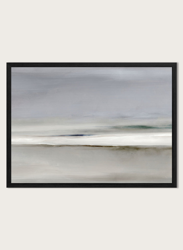 Shop Horizon by Dan Hobday, a soft abstract landscape art print featuring muted gray, green, and cream tones with layered horizontal brushwork.