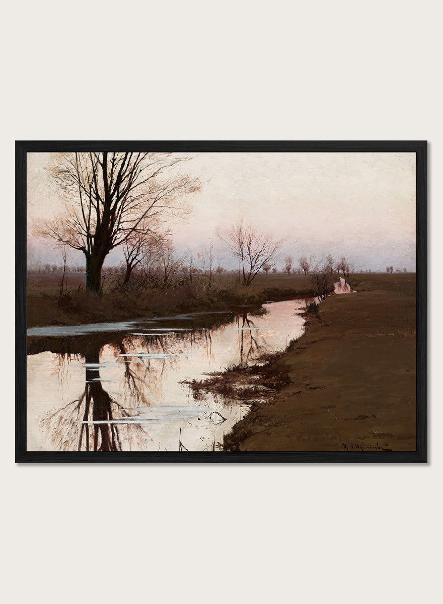 Shop Autumn Landscape with a River by Michał Gorstkin-Wywiórski, a vintage Polish landscape wall art print poster featuring a quiet autumn river in brown tones.