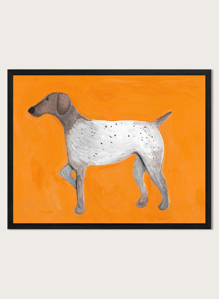 Framed artwork of a dog on an orange background. Orange Pointing Dog by Lerin Freyou is a hand painted minimal dog art print with bold orange background, modern animal poster with clean aesthetic style.