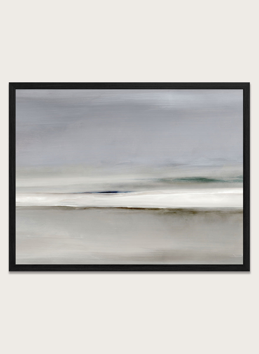 Shop Horizon by Dan Hobday, a soft abstract landscape art print featuring muted gray, green, and cream tones with layered horizontal brushwork.