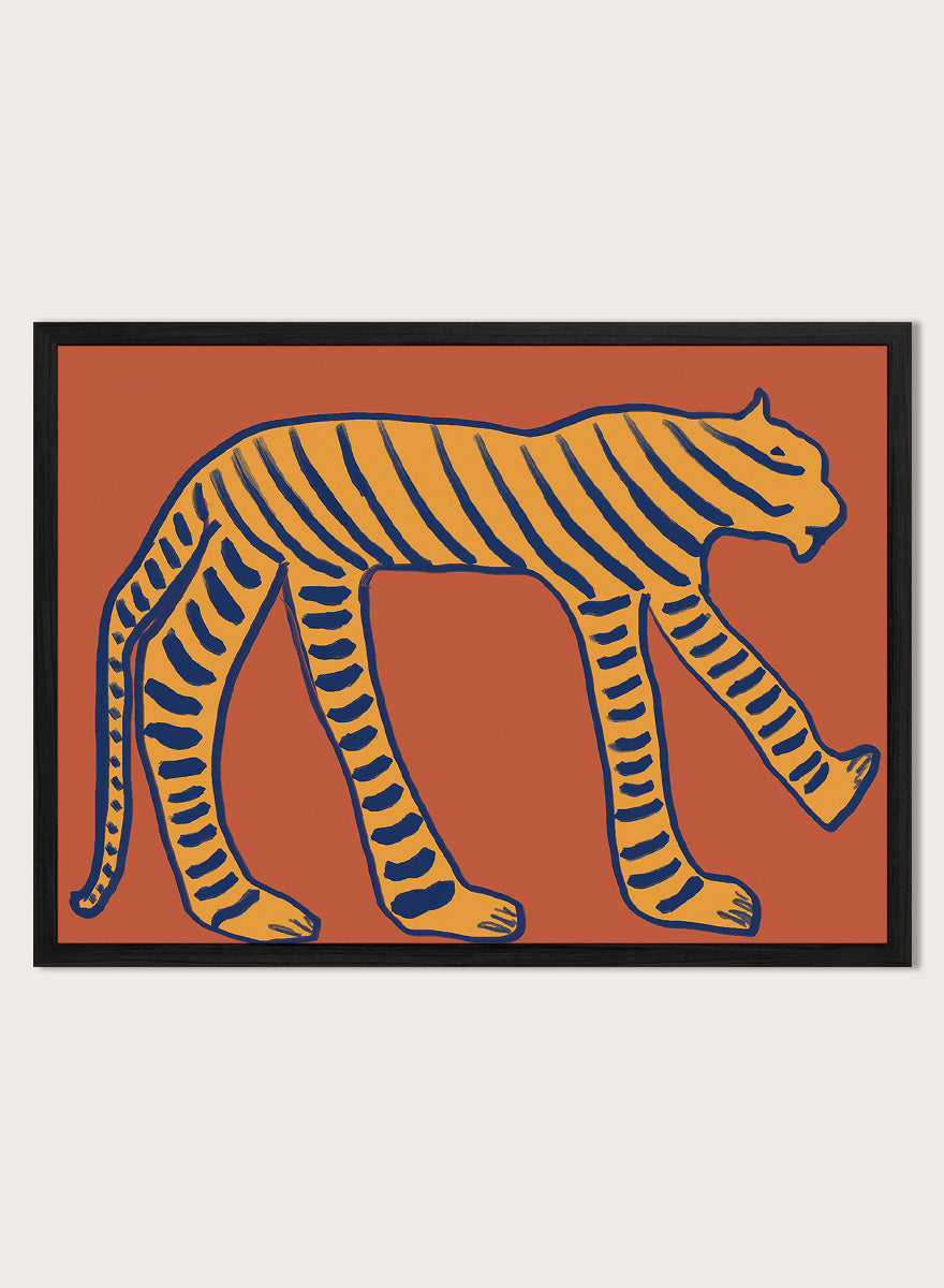 Bold Tiger Stride by The Art Concept animal art print featuring an ochre tiger with deep blue stripes on a warm rust background.