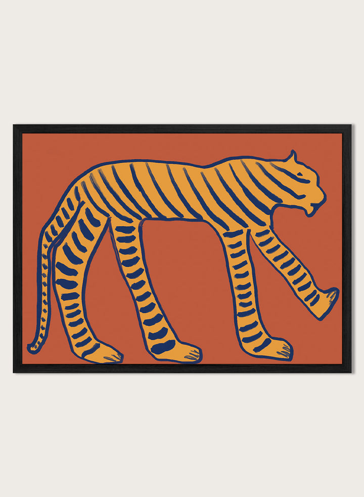 Bold Tiger Stride by The Art Concept animal art print featuring an ochre tiger with deep blue stripes on a warm rust background.