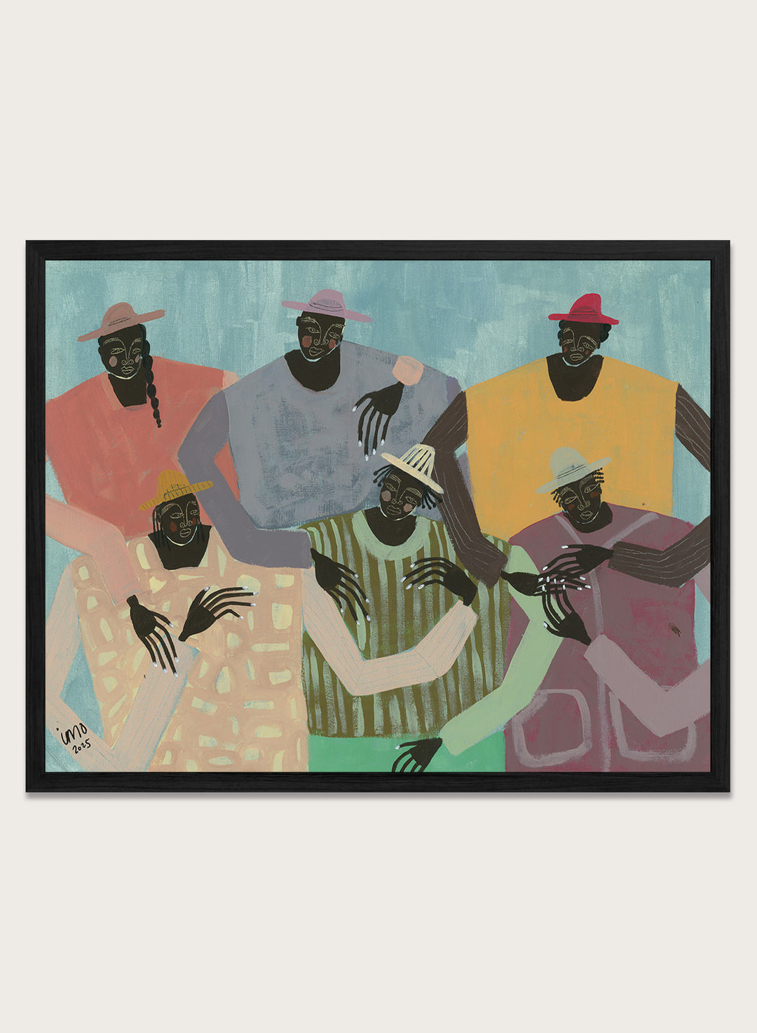 Framed artwork of six stylized figures in colorful clothing against a textured blue background. Group Chat by Studio IMO (Ibi Meier-Oruitemeka) is a modern figurative art print with multiple figures, bold color, and contemporary wall poster design.