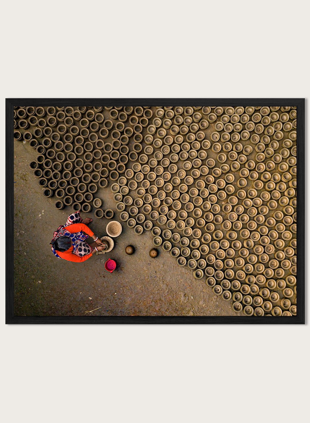 Pot Making by Azim Khan Ronnie aerial photography print showing clay pots drying in Bangladesh village, traditional craft wall art poster