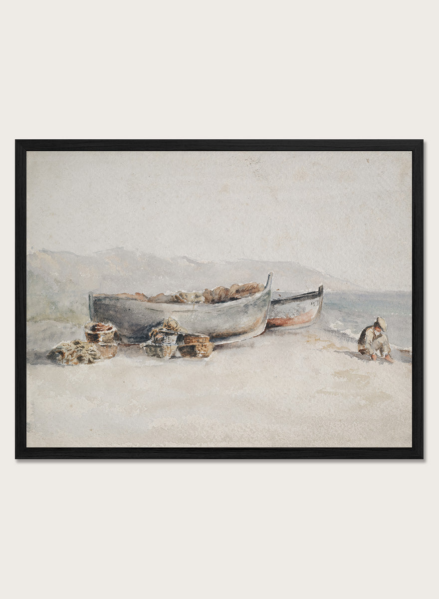 A framed watercolor painting depicting two boats on a sandy shore with rocks and a small seated figure. Fishing Boats on the Shore by Hercules Brabazon Brabazon is a vintage watercolor art print featuring fishing boats, nets, baskets, and a hazy coastal shore.
