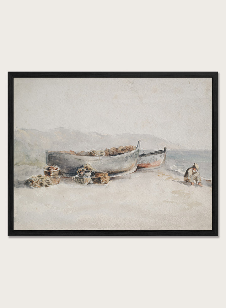 A framed watercolor painting depicting two boats on a sandy shore with rocks and a small seated figure. Fishing Boats on the Shore by Hercules Brabazon Brabazon is a vintage watercolor art print featuring fishing boats, nets, baskets, and a hazy coastal shore.