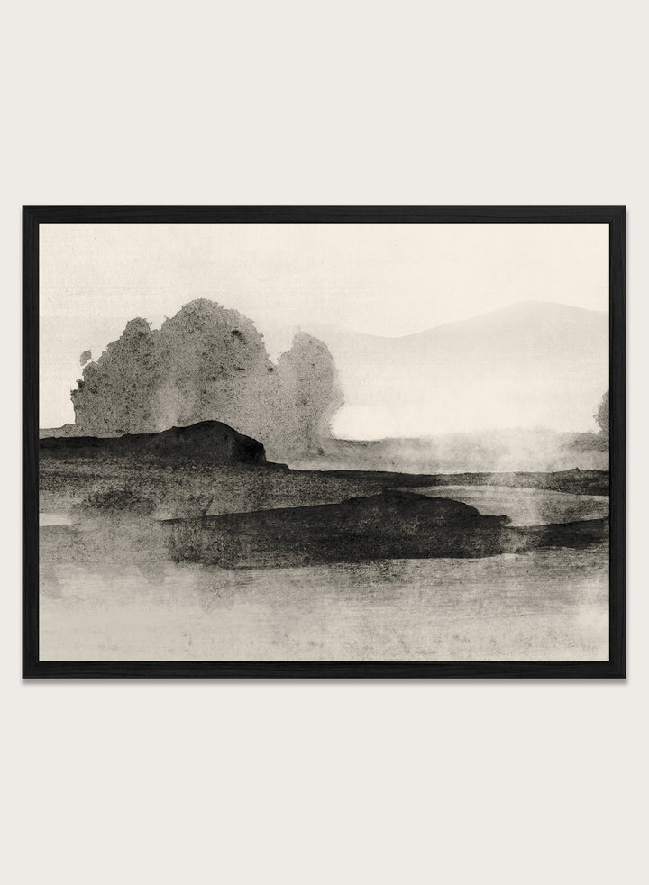 Shop Land No. 01 by Dan Hobday, a muted landscape art print featuring dark landforms, soft trees, distant hills, and layered neutral texture.