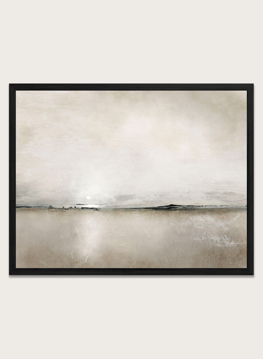 Shop Sunlight Bay by Dan Hobday, a soft coastal landscape art print featuring a pale horizon, warm neutral tones, subtle sunlight, and layered texture.